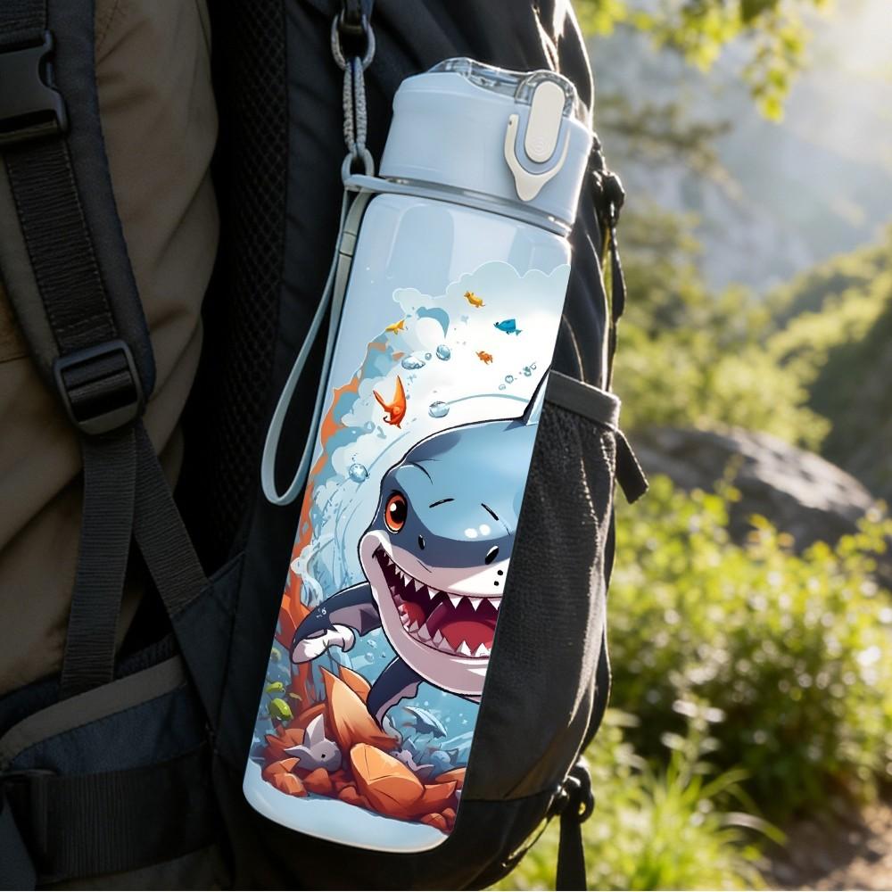 1PC Angry Shark Ocean Graphic 750ml Color Plastic Sports Water Bottle Leakproof Flip Straw Lid Suitable for Sports Office Home Use