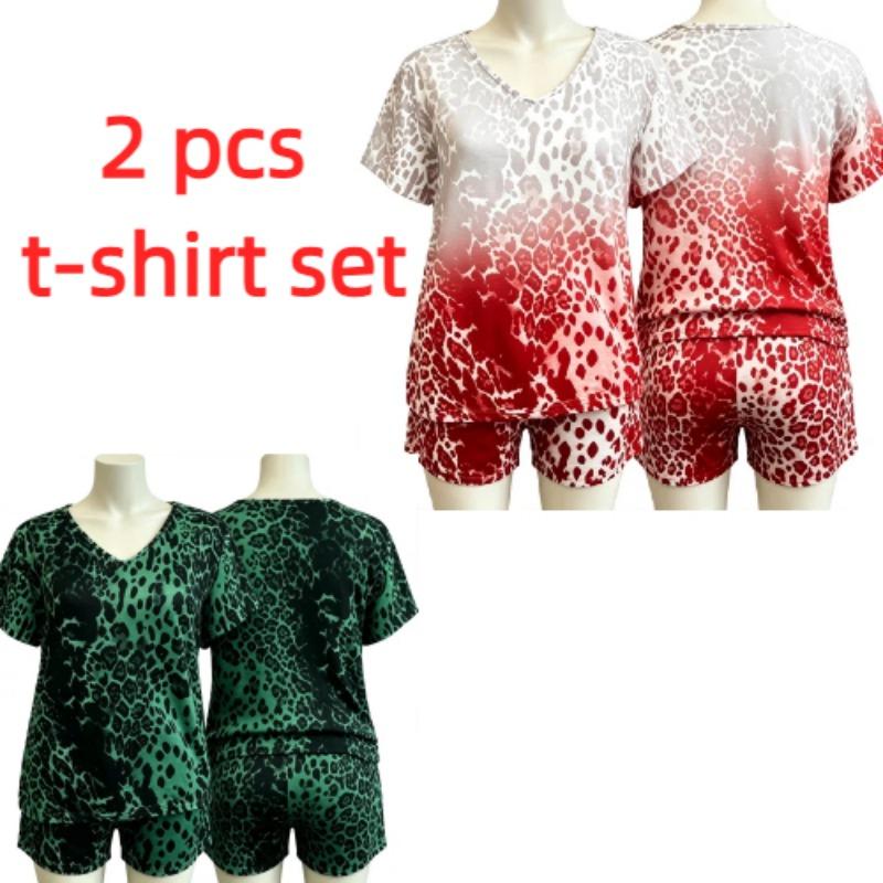 Summer European Streets Leopard Style Printed V-Neck Short Sleeved T-Shirt And Shorts Set Women's and Men's T-shirt Shorts Set