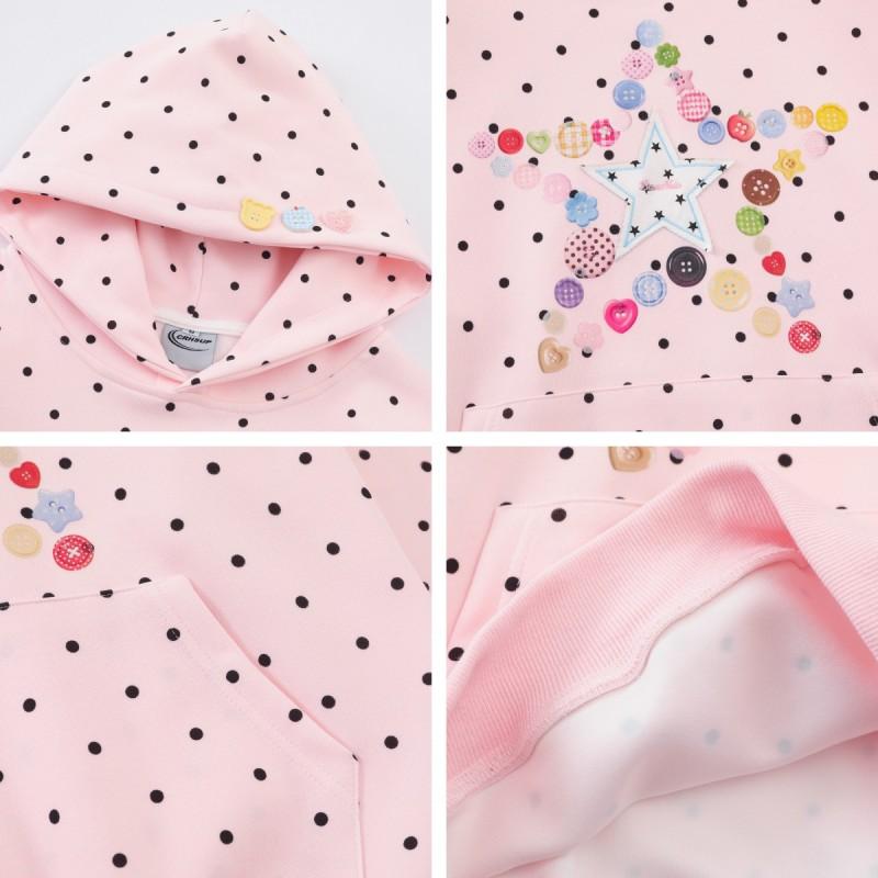 American College Style Polka Dot Hooded Sweatshirt Men Women Star Patch Embroidery Casual Loose Fit