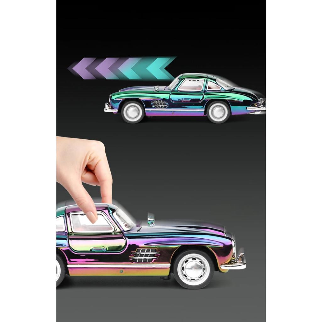 Классическая модель 1/32 Benz 300SL с гальваническим покрытием, литая из сплава, металлическая, со звуком и светом, инерционная игрушка, миниатюрный автомобиль, украшение, подарки