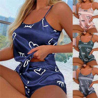 Женская пижама Ice Silk, пижамный комплект, шорты, серые, розовые, с глубоким вырезом, удобная, повседневная, летняя