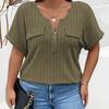 Spring and Summer New Solid Color Large Women's Top Zipper Short Sleeve Fake Pocket Pullover T-shirt Loose