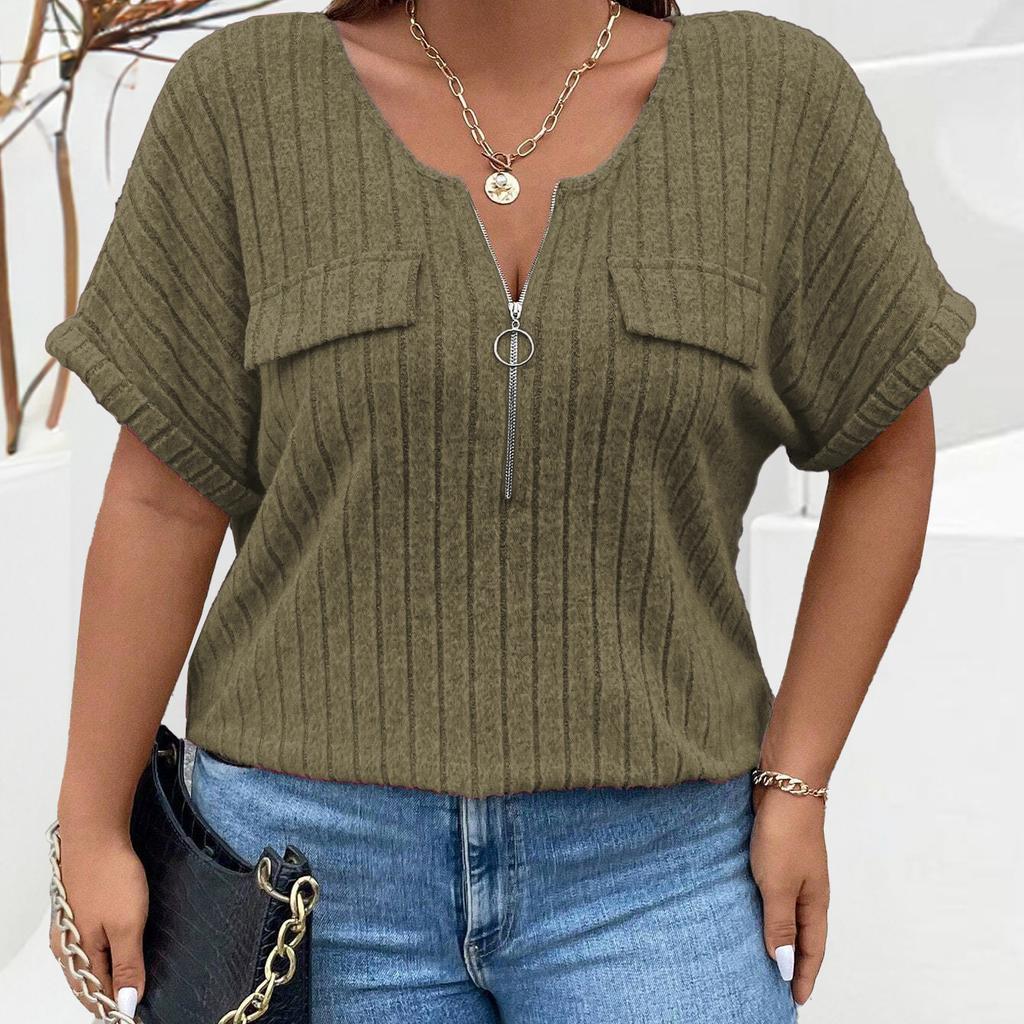 Spring and Summer New Solid Color Large Women's Top Zipper Short Sleeve Fake Pocket Pullover T-shirt Loose