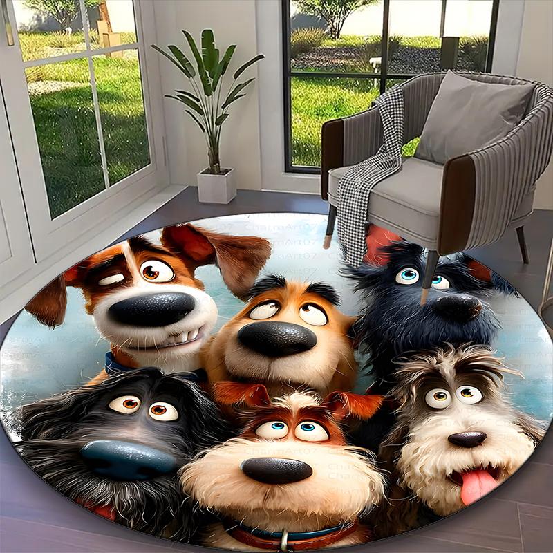 [Dogs Printed Carpet] Non-slip Office Rug, Cozy Round Carprt for Living Room Use, Soft Home Sofa Chair Mat