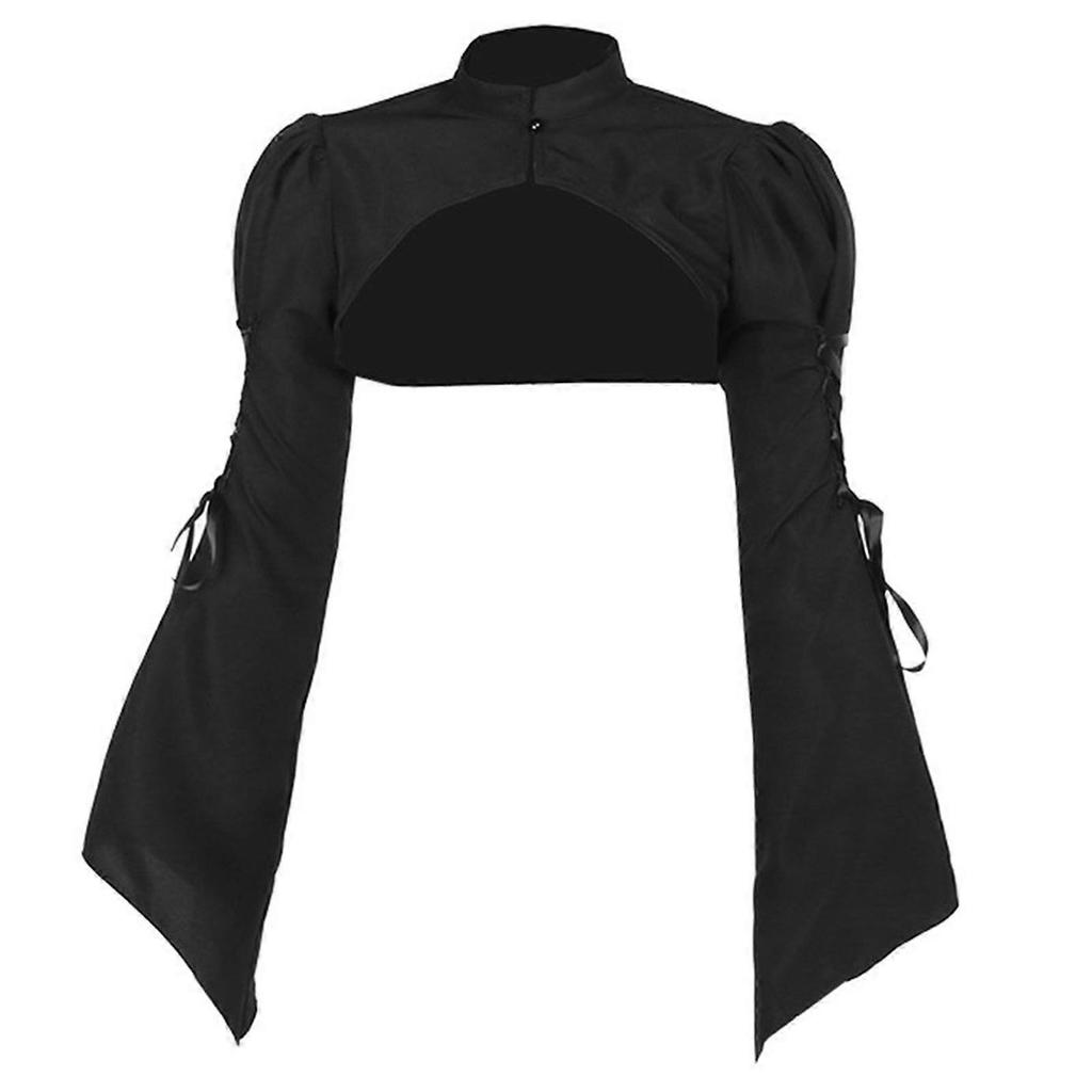Women Gothic Flared Sleeve Crop Top Lace-Up Bowknot Harajuku Shrug Vintage Stand Collar Alternative Cover Up Tops Shawl S
