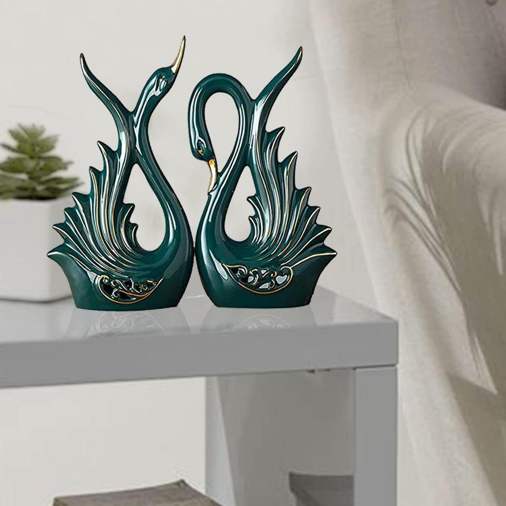 Современная элитная керамическая фигурка в виде пары лебедей | Красивый декор для дома - 2 шт., темно-зеленый, средний