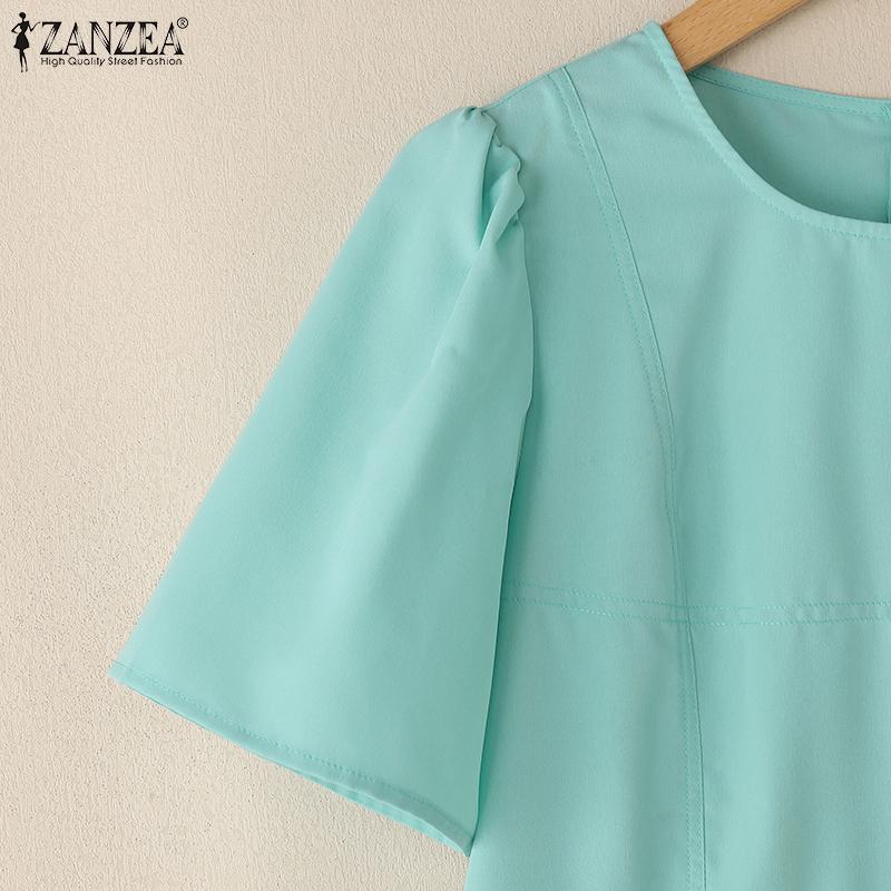 ZANZEA Женское летнее круглое шею однотонное повседневное платье с коротким рукавом