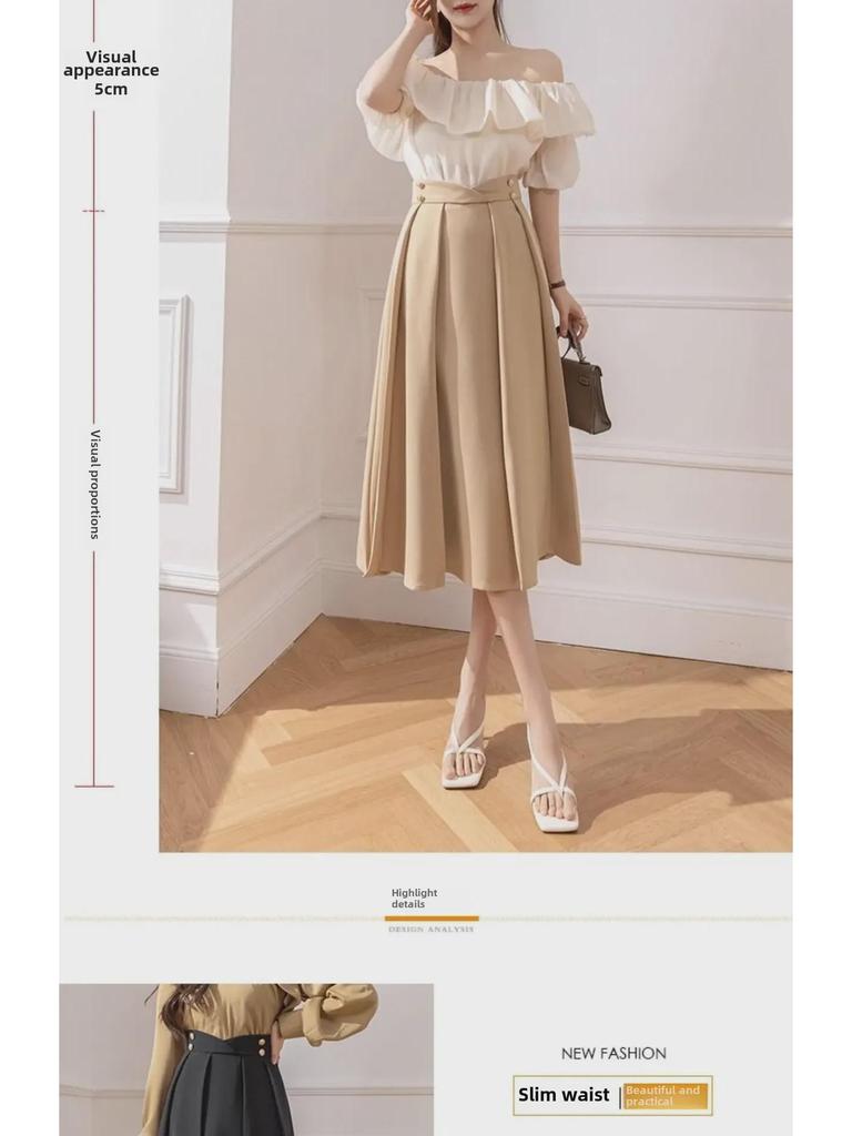 2024 Women's Summer A-line Pleated Midi Skirt - High-waisted, Hip-covering, Slimming Fit