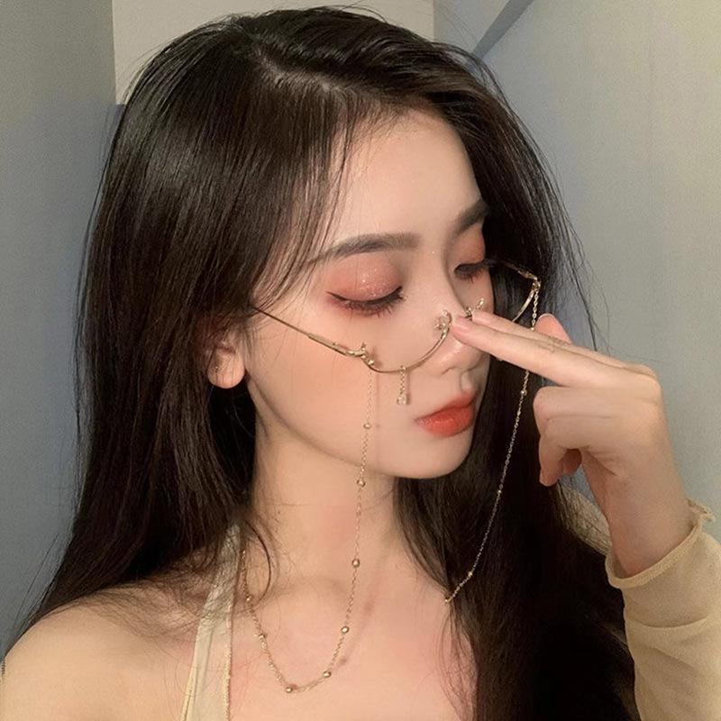 Оправа для очков без линз в форме полурамы, оправа для очков в стиле ретро с цепочкой без верхней оправы, персонализированные декоративные аксессуары, изогнутые оправы.