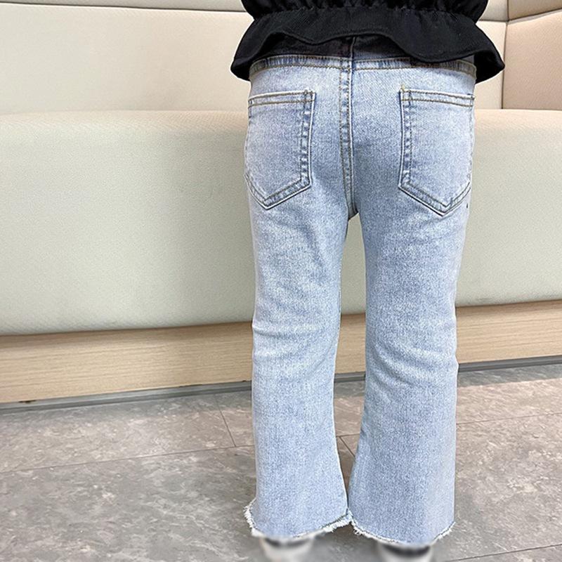 Джинсы для маленьких девочек, повседневные расклешенные брюки с эластичной талией, милые джинсовые джинсы, брюки-клеш с карманами, От 3 до 8 лет