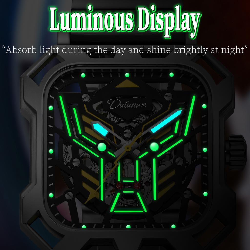 Новая концепция трехмерных квадратных циферблатов с полым циферблатом, мужские прохладные ночные светящиеся водонепроницаемые автоматические механические часы из нержавеющей стали