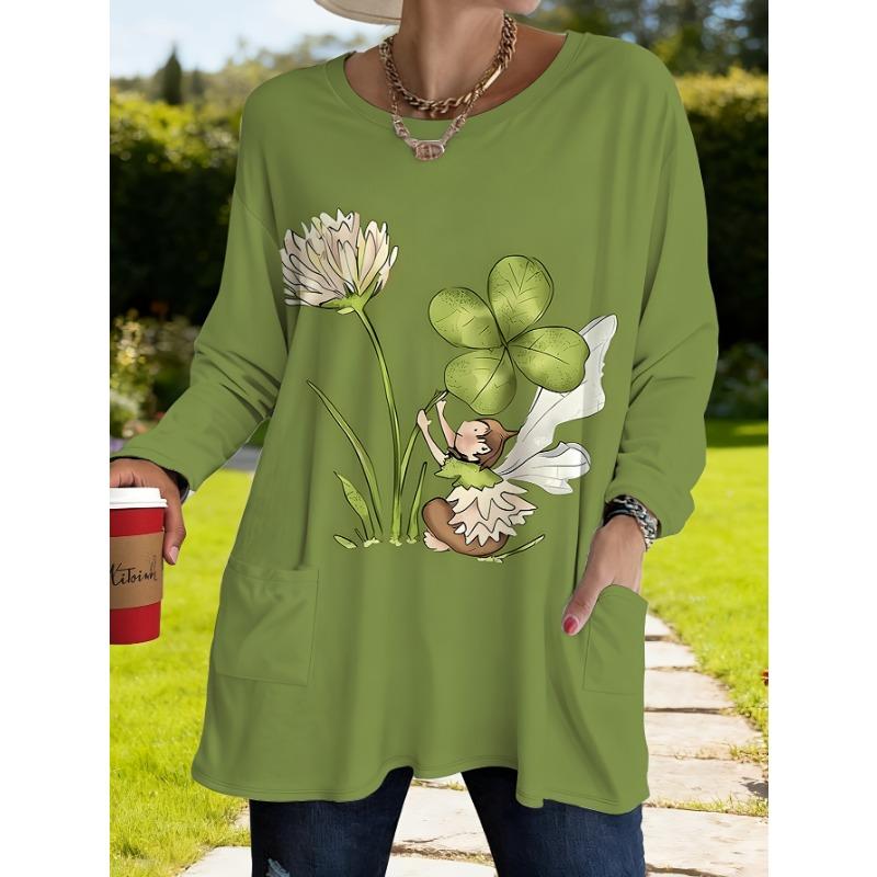 Women's Plus Size Fresh Printed Loose Long Sleeve T-Shirt with Pockets for Women