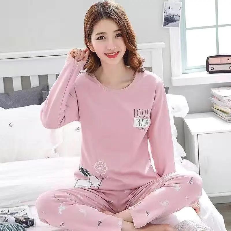 Women Long Sleeve Pajamas Set Cotton Soft Sleepwear Cartoon Cute Women's Pajama Tops and Pants Suit Pullover O Neck Spring Autumn Winter Home Wear