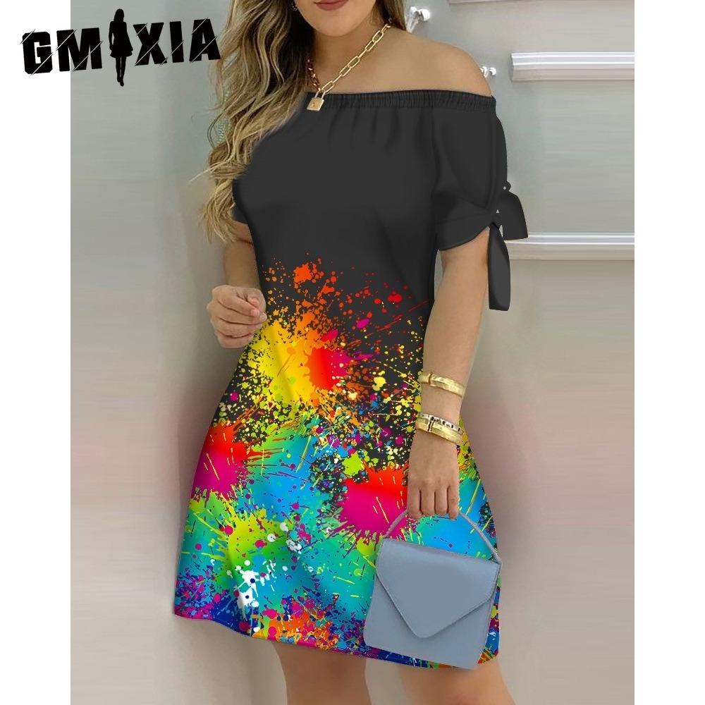 GMXIA Женское модное платье с открытыми плечами, короткие рукава, принт с бантом, летние пляжные платья больших размеров