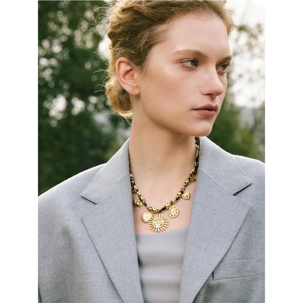 Yhpup Popular Stainless Steel Leopard Polyester Sun Flower Heart Insect Drop Collar Necklace PVD Plated Fashion Jewelry Gift