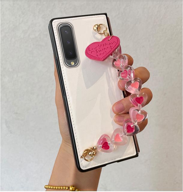 Luxury Fashion Cute Diy Flower Pearl Hand Chain Bracelet Case Cover For Samsung Galaxy Z Fold 3 2 5g Zfold 4 Leather Back Fundas