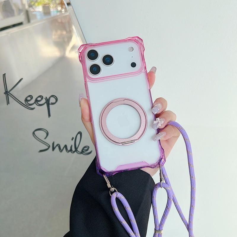 Gradient Case For iPhone 16 Pro Max 17 Air 16E 12 13 14 15 360 Ring Holder Magnetic Lanyard Four Corners Shockproof Strap Cover