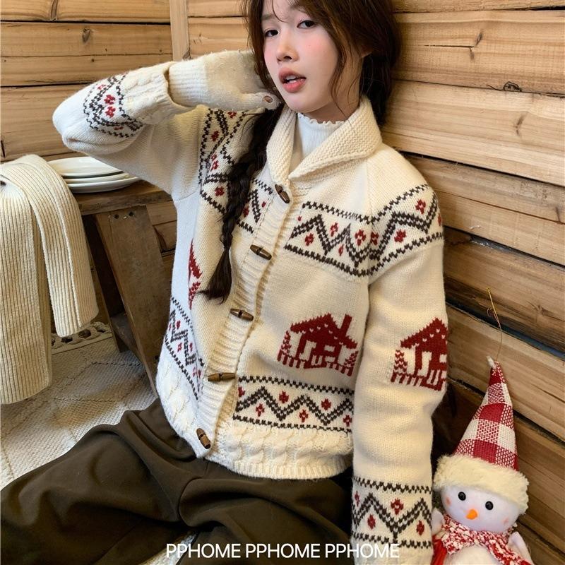 Новая осенняя женская одежда Fair Isle, ретро свитер, куртка с роговыми пуговицами, осенний топ, женский дизайнерский вязаный кардиган