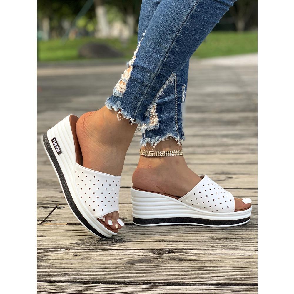 Новые летние модные модные повседневные женские тапочки на наклонном каблуке «рыбий рот» большого размера, крутые женские тапочки одной линии