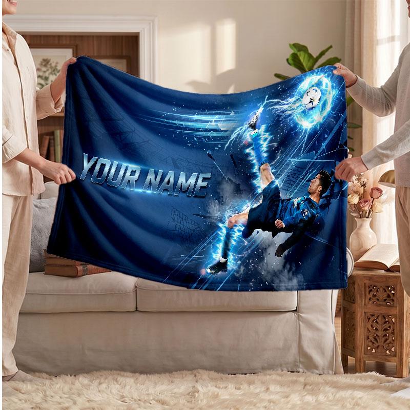 Cristiano Ronaldo Personalized Fleece Blanket With Football Logo, Custom Name Text Soft Warm Home Throw Blanket