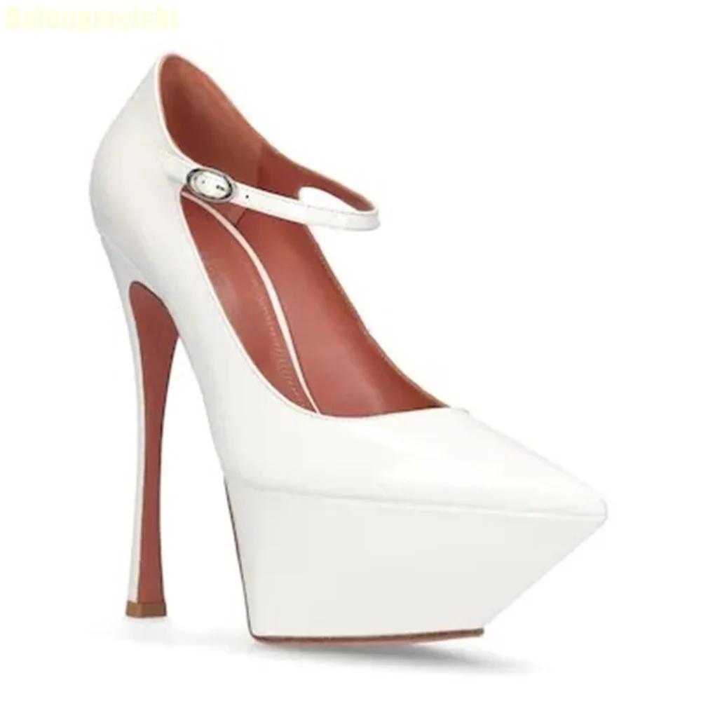 Женские однотонные кожаные туфли на платформе и высоком каблуке с острым носком, босоножки на очень высоком тонком каблуке, с ремешком на щиколотке и пряжкой, неглубокие сексуальные туфли-лодочки