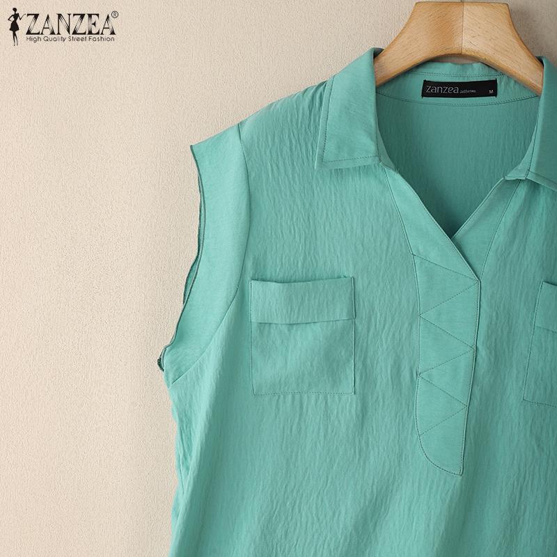 ZANZEA Женская повседневная летняя блузка без рукавов с отложным воротником