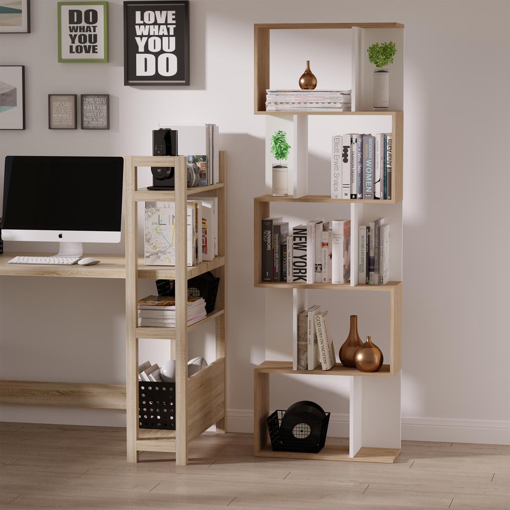 Bookcase, S-Shaped Wooden Bookshelf, 5/6 Tiers Freestanding Storage Shelf, Home Office Decorative Display Stand Rack, Oak and White
