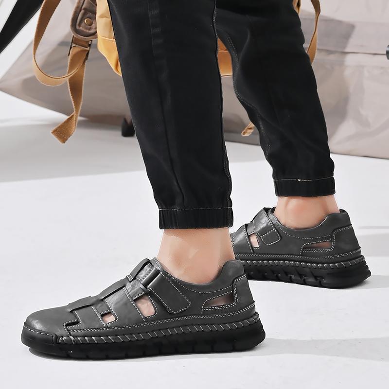 Mens Sport Sandals Breathable Outdoor Fisherman Shoes Adjustable Closed Toe Summer Leather Loafters
