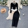 Autumn Winter Women Vintage Hepburn Style Black Business Outfits O-neck Blouses Tops and Long Midi Bodycon Pencil Skirt Office Work Two Piece Set