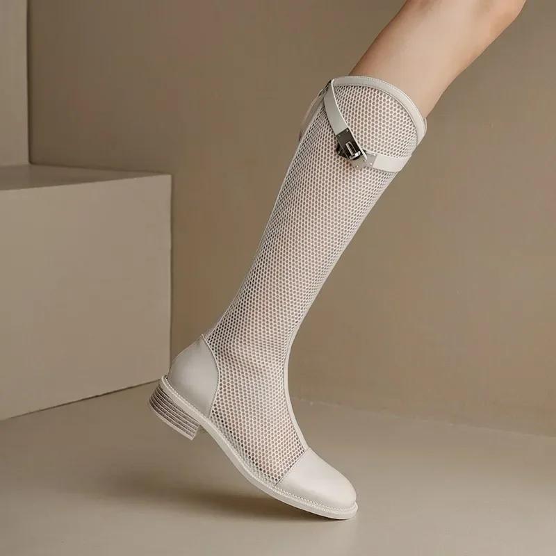 Female Summer Knee-high Mesh High Boots Women V-mouth Breathable Mesh Knight Boots Thick Heel Hollow Long Cool Boots Botas Mujer