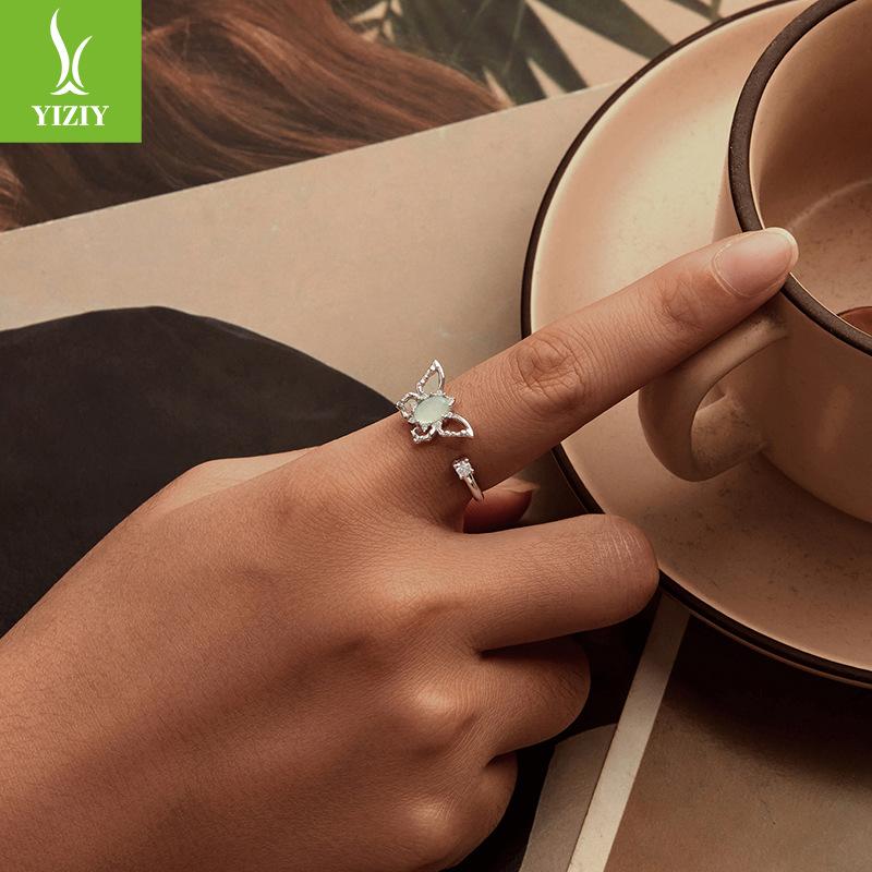 Design Butterfly Open Ring, Spring 925 Sterling Silver Stylish Simple Natural Jade Jewelry