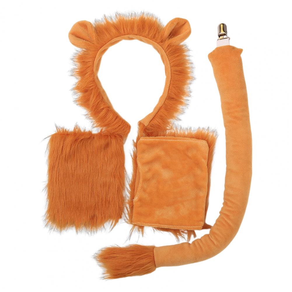 1/3/4Pcs Lion Costume Set for Youth Adult Halloween Cosplay Soft Plush Headband Tail Gloves Nose Kit Animal Theme Party Dress-Up