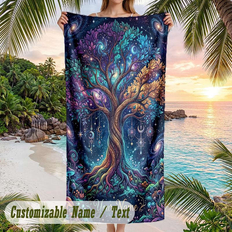 Cosmic Tree Dreamscape Theme Quick Dry Beach Towel Custom Name Text Print Large Sand Resistant Towel Beach Vacation