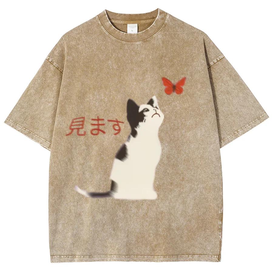 Посадка Выстиранная Футболка Оверсайз Повседневная Женская Хлопковая Выстиранная Футболка Летняя Пляжная Простая С Принтом Кошки Уличная Одежда
