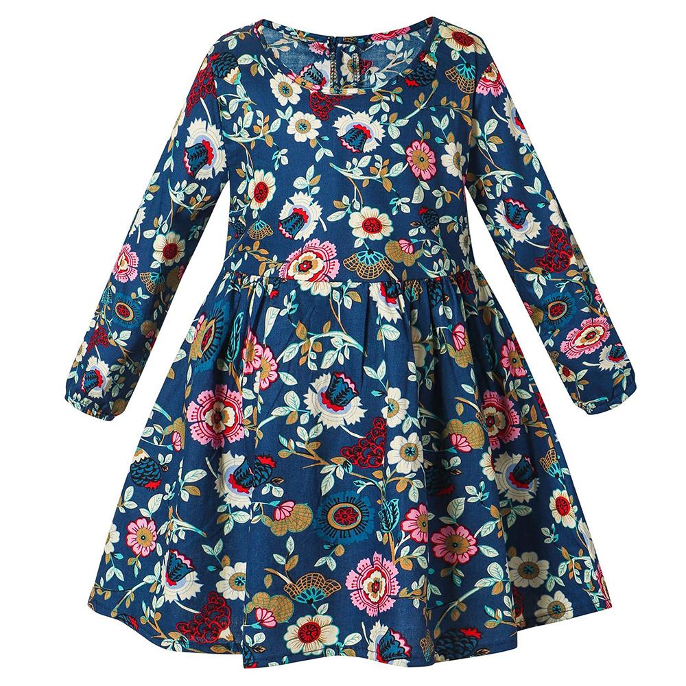 Хлопковое детское платье с длинными рукавами и цветочным принтом для девочек