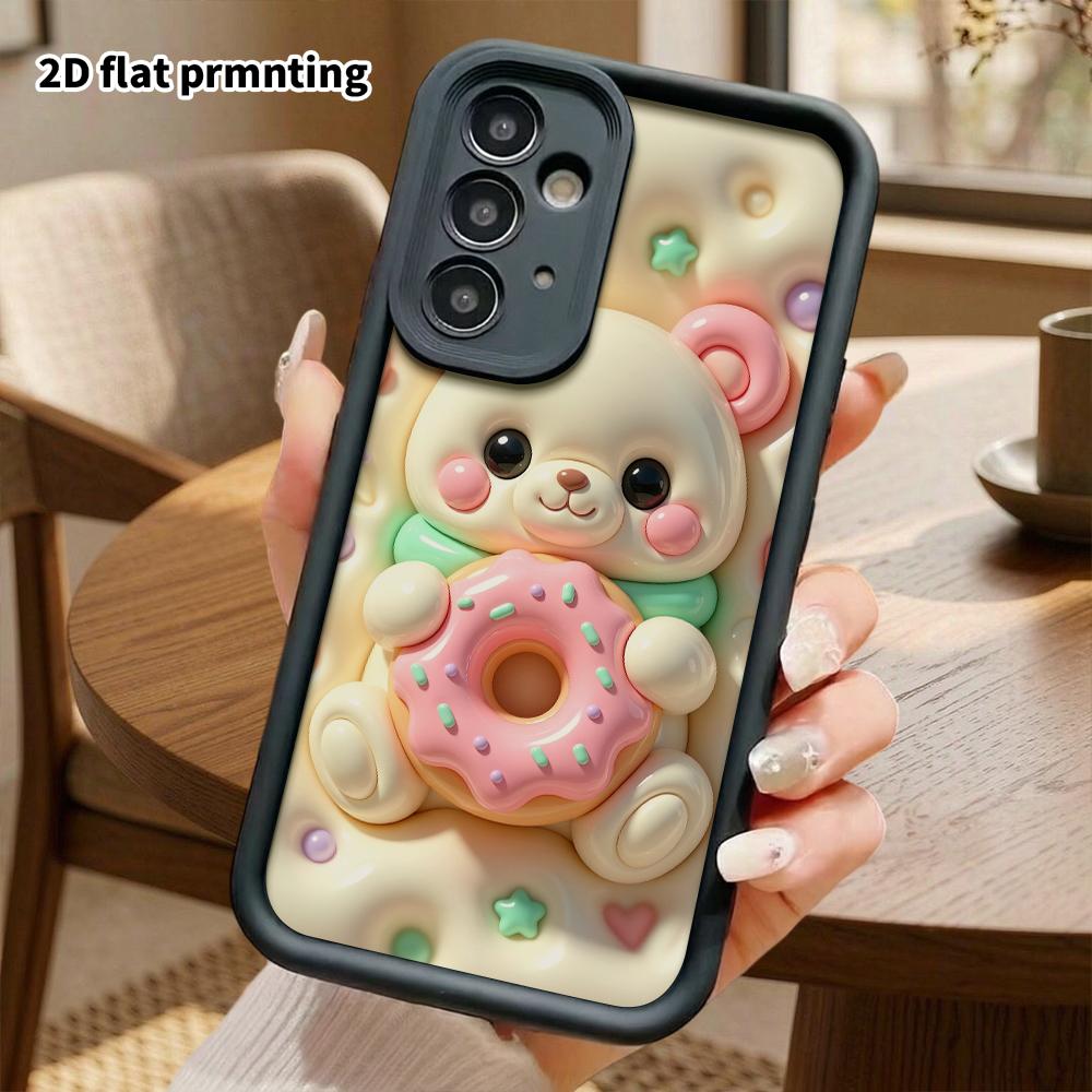 Phone Case: 2D flat design suitable for Samsung Galaxy A34 A35 M05 M06 S20 S22 S21 FE Plus 5G protective case, featuring a cute bear hugging a donut,