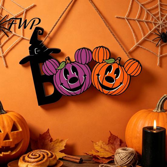 Halloween Party Favors Boo Wood Door Sign, Mouse Shaped Hanger Wreath, Rustic Cute Pumpkin Trick or Treat Supplies Wall Hanging Plaque for Front Door,