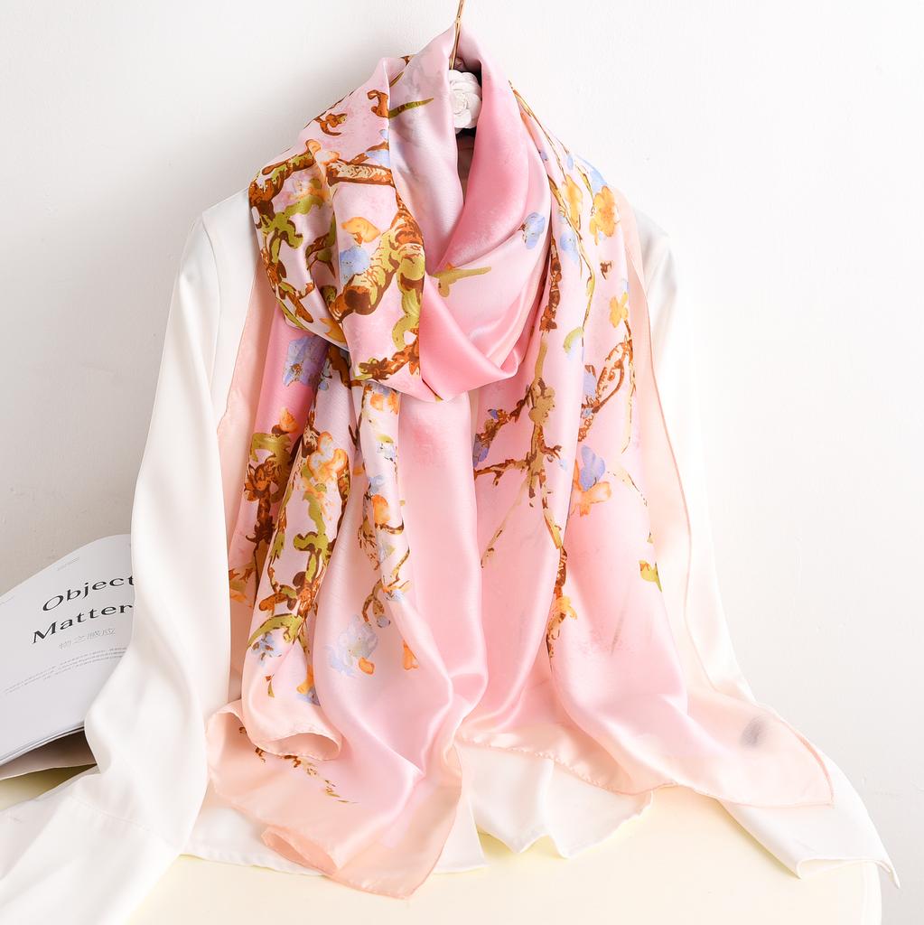 Large Silk Soft Scarf Women Stylish Print Long Shawl Handkerchief Summer Sun Protection Elegant Travel Wrap Handkerchief