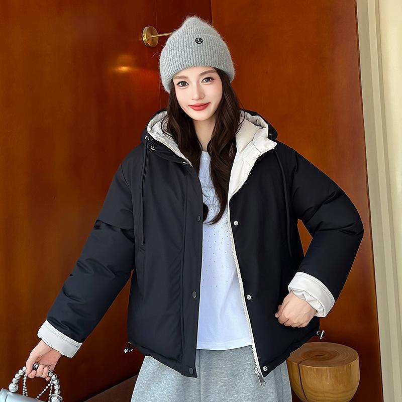 Women's winter short cotton-padded clothes with large twill, hooded on both sides, loose version, to undertake orders from large and small customers