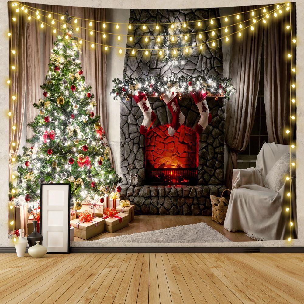Подарочное украшение с рождественской елкой, камин, гобелен с принтом, украшение для дома, гостиной, спальни, гобелен