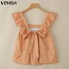 VONDA Summer Women Square Collar Sleeveless Strap Floral Print Ruffled Casual Tank Tops