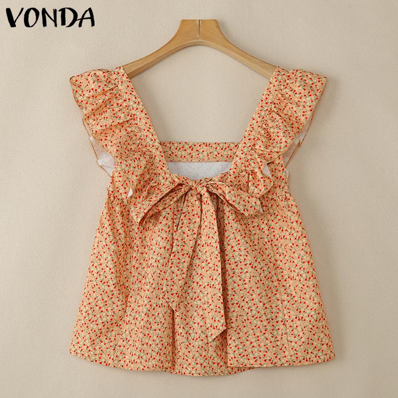VONDA Summer Women Square Collar Sleeveless Strap Floral Print Ruffled Casual Tank Tops