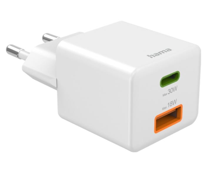 Hama mini 30w pd/qc wall charger (1x usb-c, 1x usb-a) white