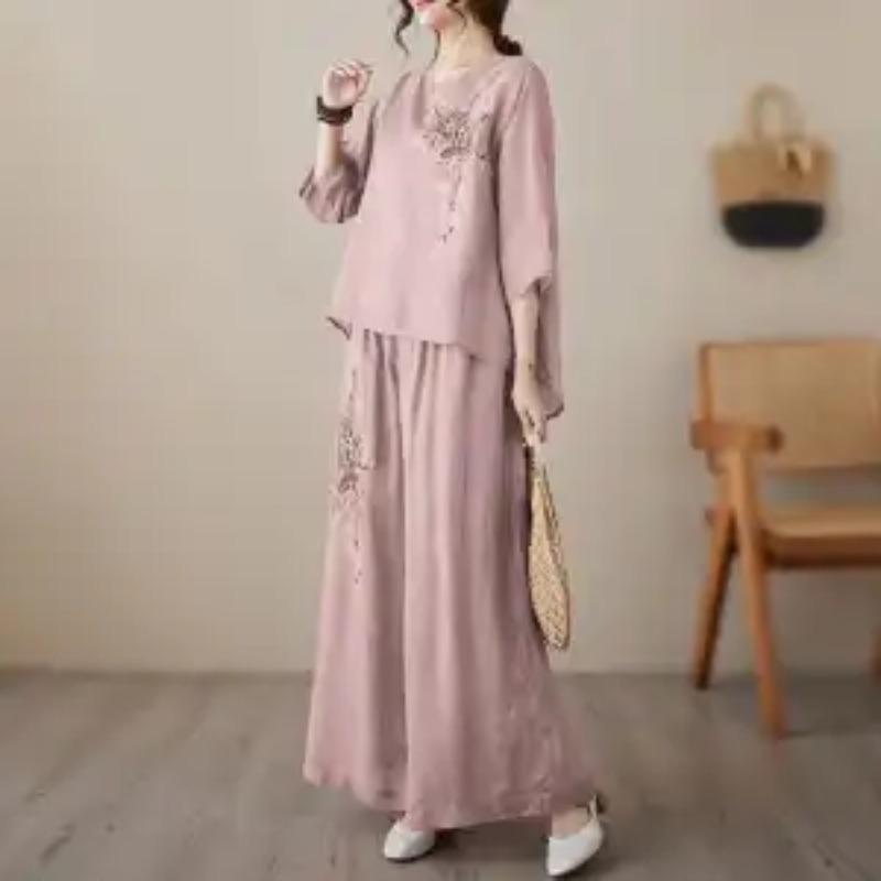 Комплект вышивки льняная летняя рубашка пуловер с короткими рукавами легкие брюки из искусственного хлопка и льна с широкими штанинами комплект из двух предметов