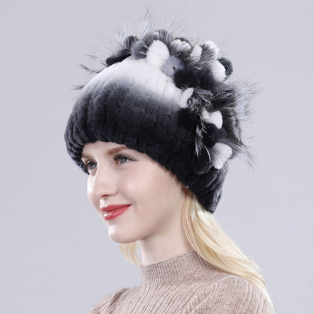 Gifts Real Fur Beanies Hat Warm Winter Real Rex Rabbit Fur Hats Rabbit Fur Cap Elastic Knitted