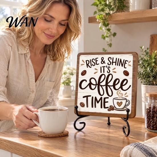Coffee Decor for Home 5" x Bar Sign, Wooden with Metal Station Accessories Display Rack, Vintage Tabletop Decorations, Gift Lovers