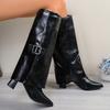 Fashion Sexy Pointed Toe High Heels Knee High Boots Women Punk Style Buckle Wide Leg Boots for Woman Pu Leather Gothic Long Botas Mujer