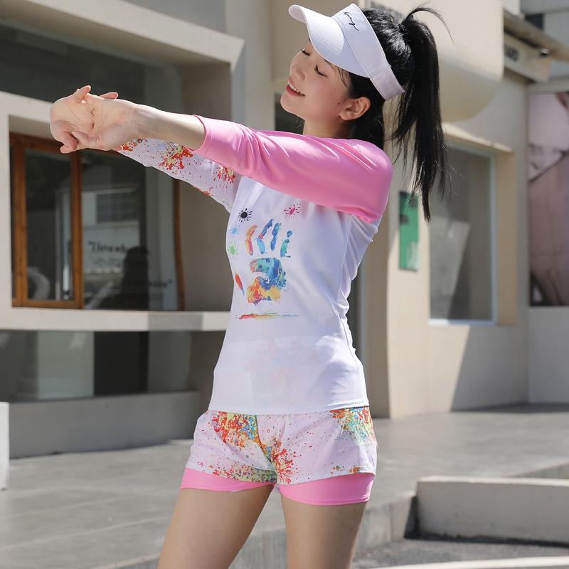Girls split swimsuit long-sleeved sunscreen surf suit thin girls with chest pads quick-drying flat-angle training swimsuit