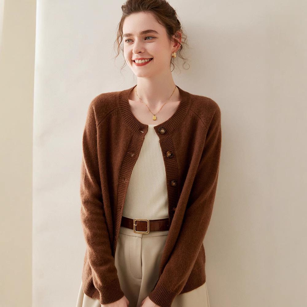 Women's Long Sleeve Korean Style Cashmere Cardigan - Thick Crew Neck, Loose Fit, Slimming Raglan Sweater