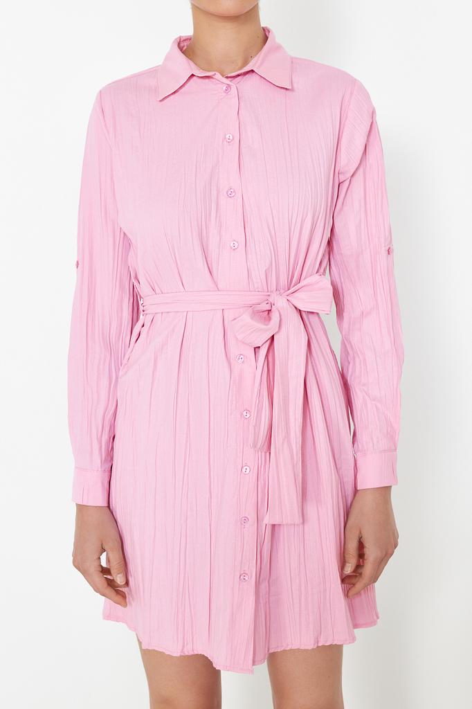 Women's Fashion New Dress Green Belted Fabric Textured Mini Woven Shirt Dress